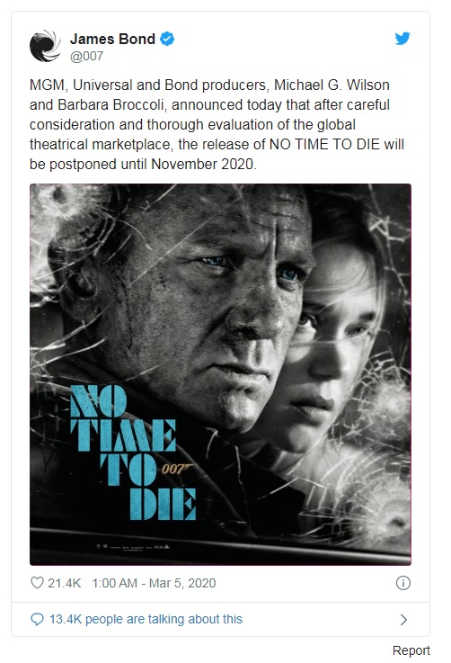 release of james bond film no time to die delayed